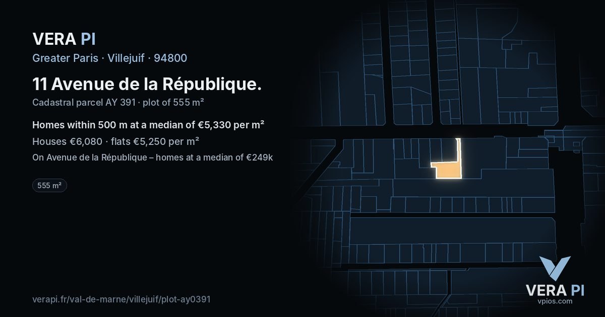 11 Avenue de la République, Villejuif at night – the plot lit, the parcels around coloured by the prices near them