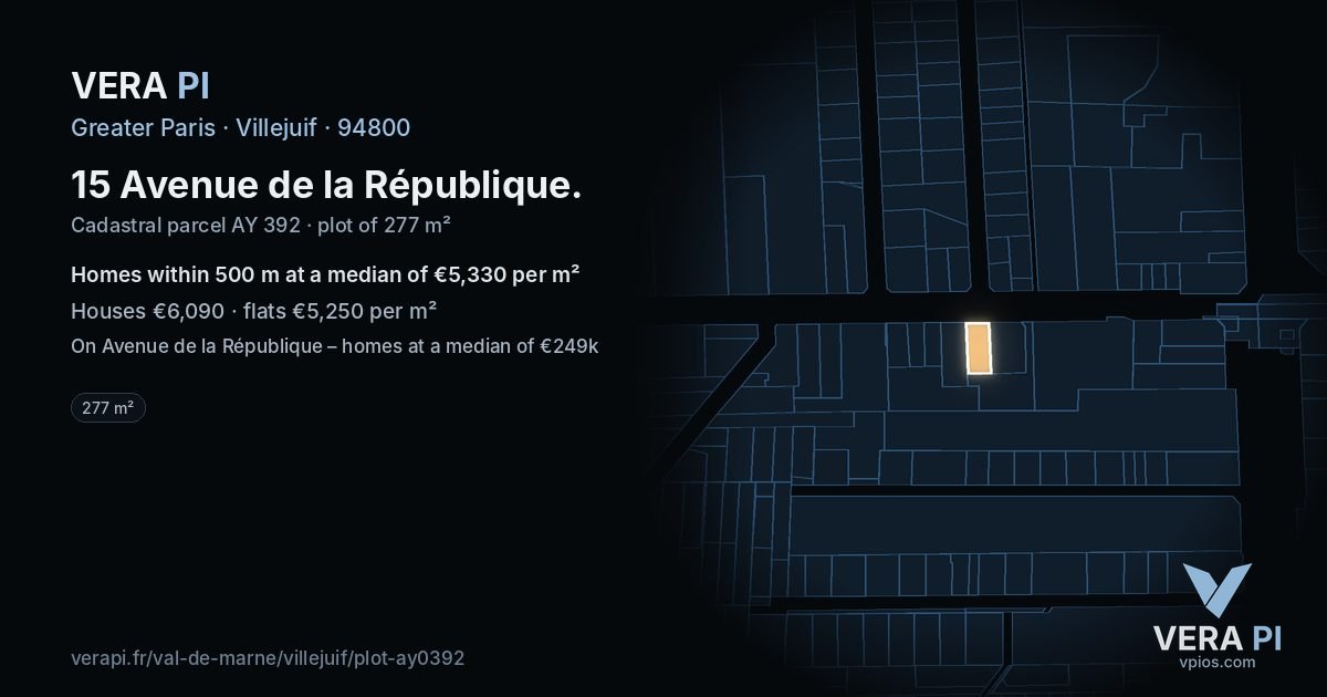 15 Avenue de la République, Villejuif at night – the plot lit, the parcels around coloured by the prices near them