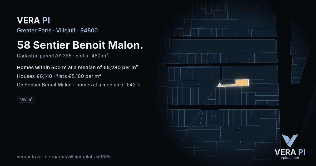 58 Sentier Benoit Malon, Villejuif at night – the plot lit, the parcels around coloured by the prices near them