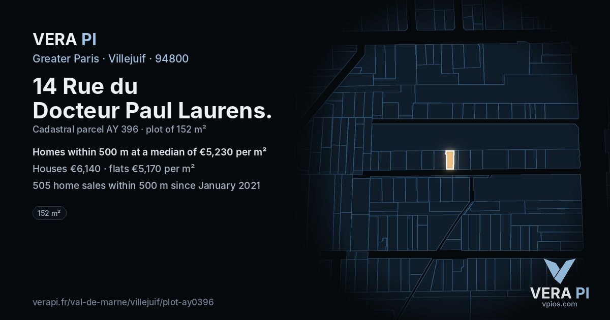 14 Rue du Docteur Paul Laurens, Villejuif at night – the plot lit, the parcels around coloured by the prices near them