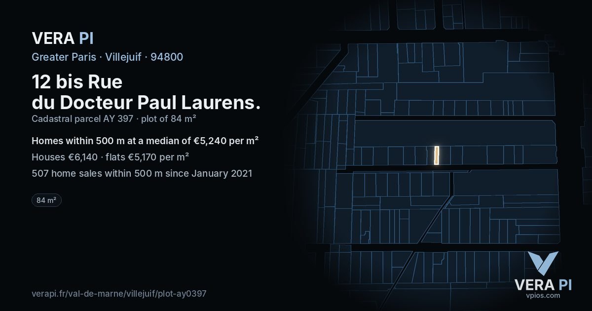 12 bis Rue du Docteur Paul Laurens, Villejuif at night – the plot lit, the parcels around coloured by the prices near them