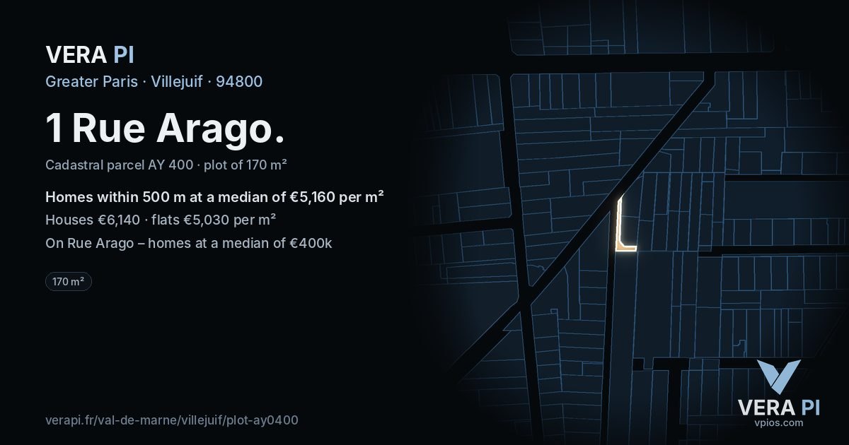 1 Rue Arago, Villejuif at night – the plot lit, the parcels around coloured by the prices near them