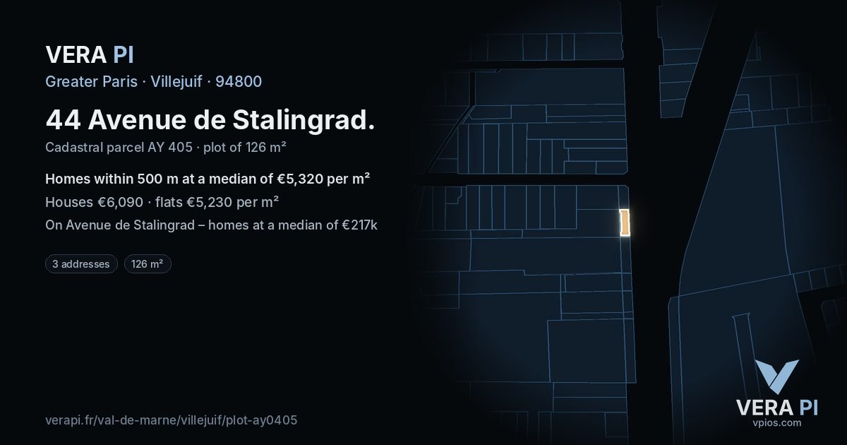 44 Avenue de Stalingrad, Villejuif at night – the plot lit, the parcels around coloured by the prices near them