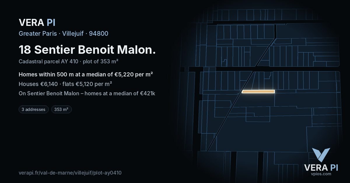 18 Sentier Benoit Malon, Villejuif at night – the plot lit, the parcels around coloured by the prices near them