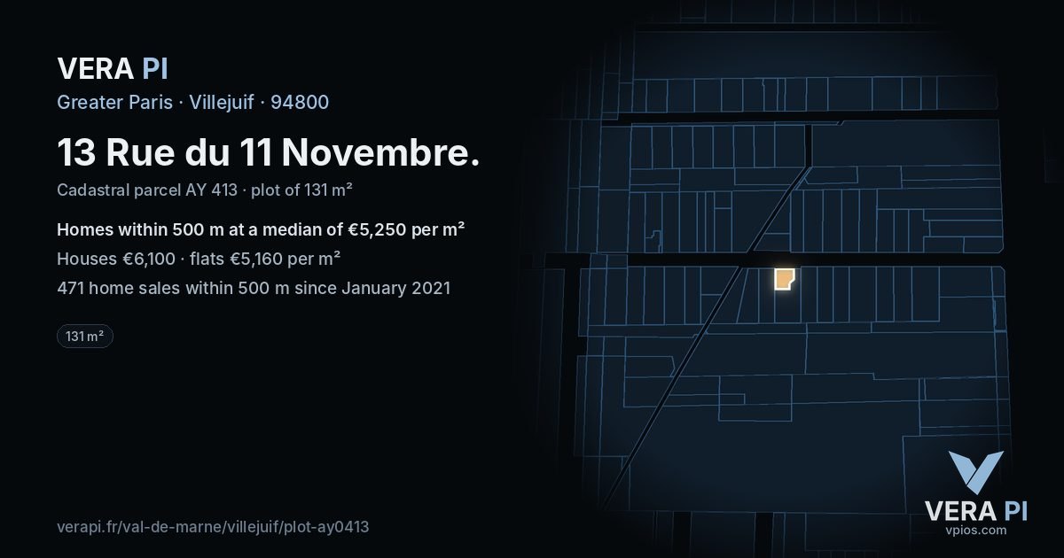 13 Rue du 11 Novembre, Villejuif at night – the plot lit, the parcels around coloured by the prices near them