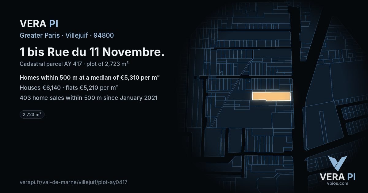 1 bis Rue du 11 Novembre, Villejuif at night – the plot lit, the parcels around coloured by the prices near them