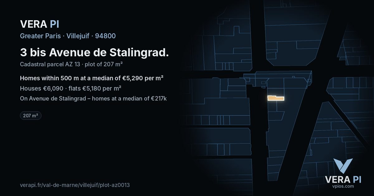 3 bis Avenue de Stalingrad, Villejuif at night – the plot lit, the parcels around coloured by the prices near them