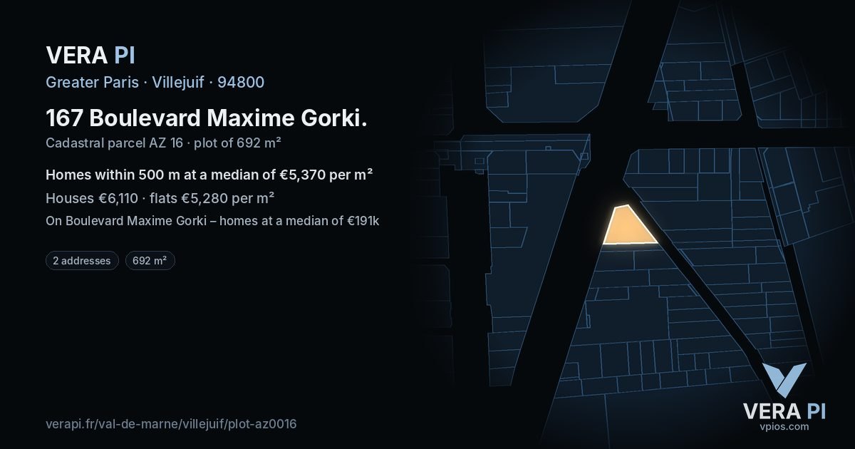 167 Boulevard Maxime Gorki, Villejuif at night – the plot lit, the parcels around coloured by the prices near them