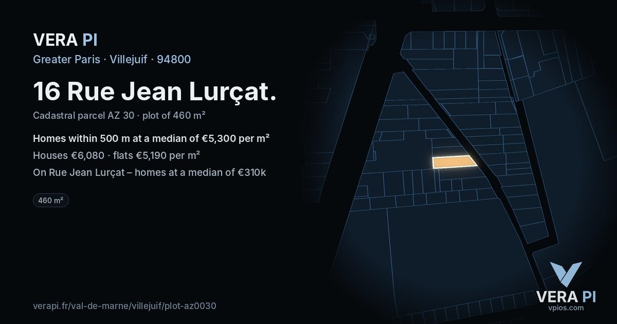 16 Rue Jean Lurçat, Villejuif at night – the plot lit, the parcels around coloured by the prices near them
