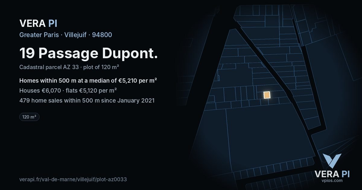 19 Passage Dupont, Villejuif at night – the plot lit, the parcels around coloured by the prices near them