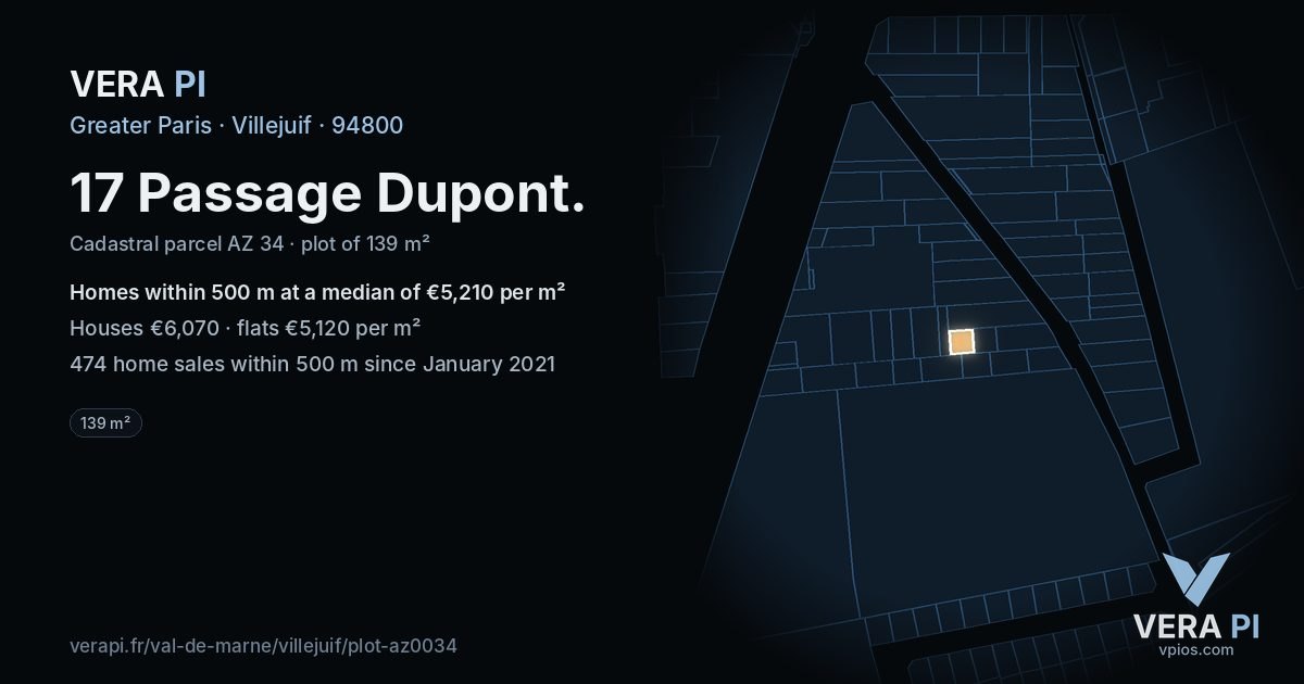 17 Passage Dupont, Villejuif at night – the plot lit, the parcels around coloured by the prices near them