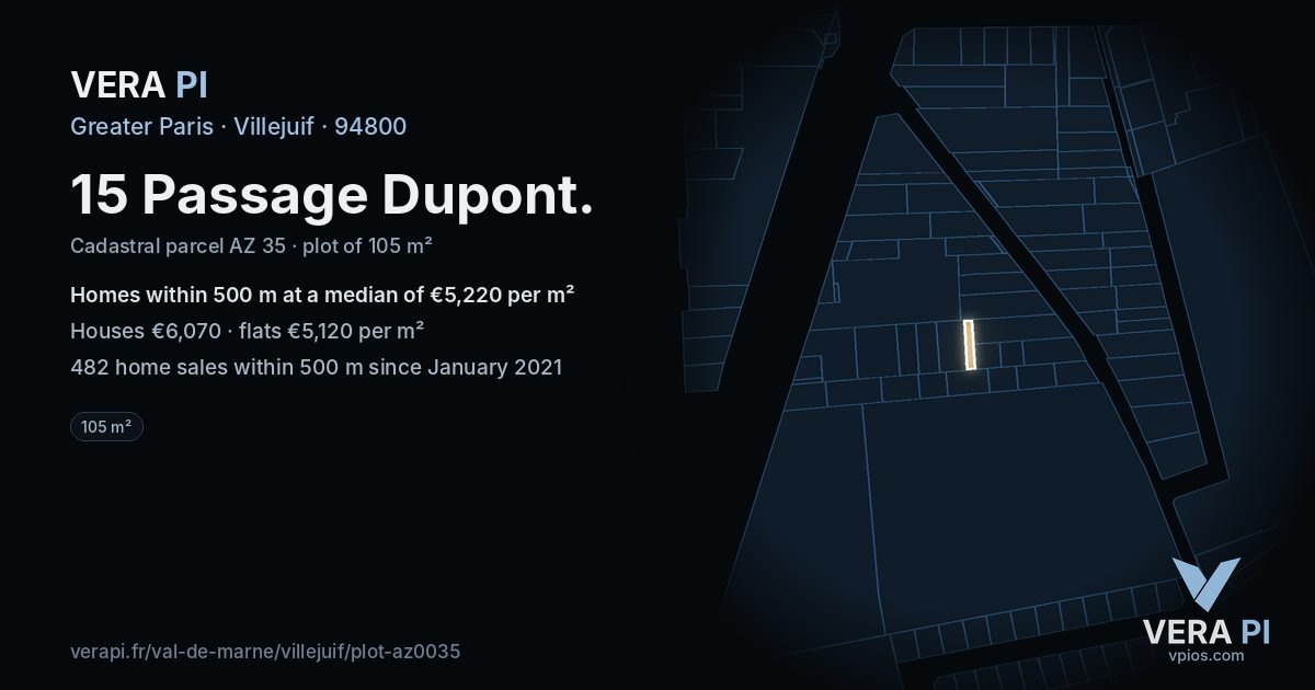 15 Passage Dupont, Villejuif at night – the plot lit, the parcels around coloured by the prices near them