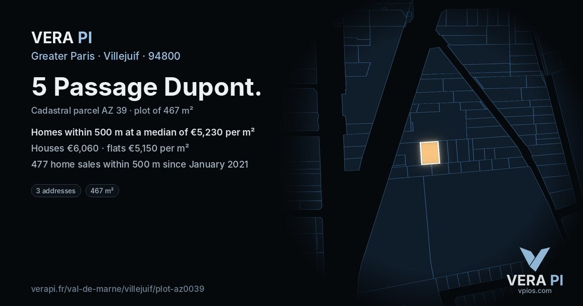 5 Passage Dupont, Villejuif at night – the plot lit, the parcels around coloured by the prices near them