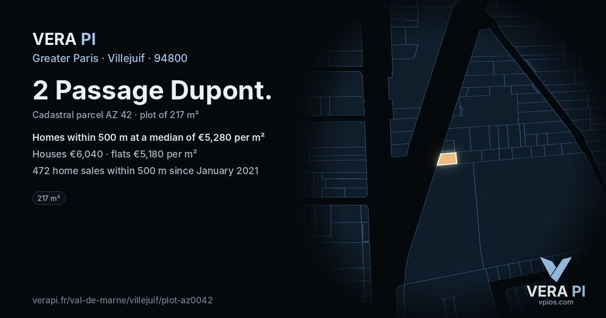 2 Passage Dupont, Villejuif at night – the plot lit, the parcels around coloured by the prices near them