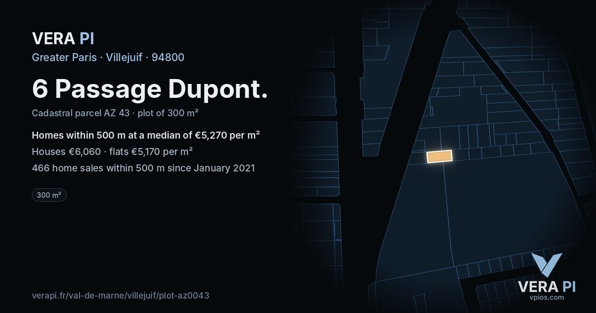 6 Passage Dupont, Villejuif at night – the plot lit, the parcels around coloured by the prices near them