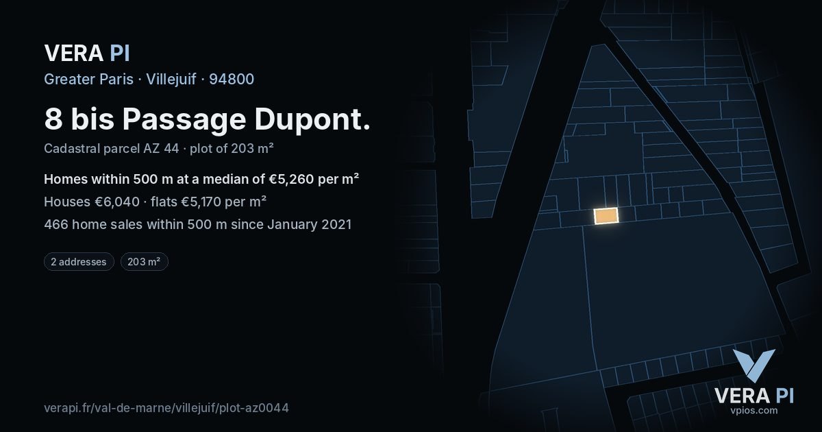 8 bis Passage Dupont, Villejuif at night – the plot lit, the parcels around coloured by the prices near them
