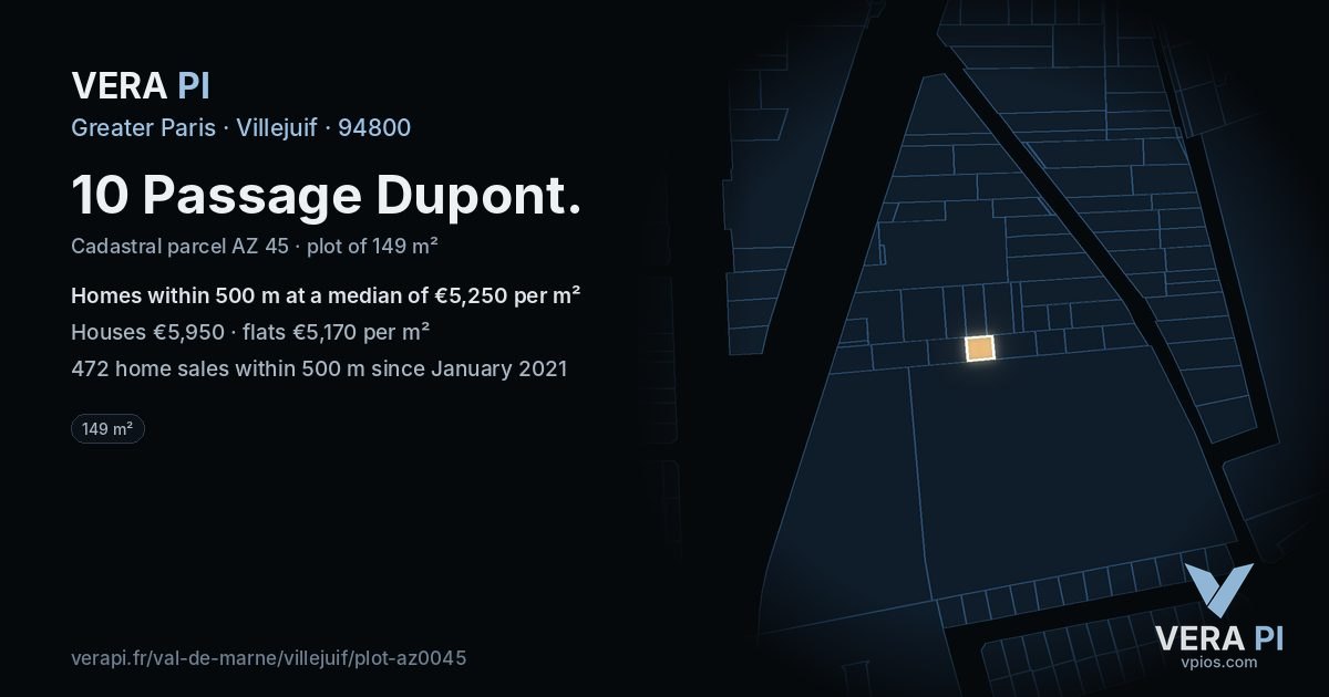 10 Passage Dupont, Villejuif at night – the plot lit, the parcels around coloured by the prices near them