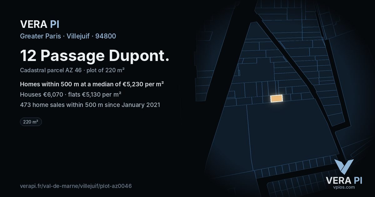 12 Passage Dupont, Villejuif at night – the plot lit, the parcels around coloured by the prices near them