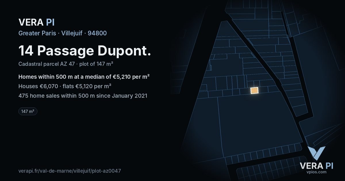 14 Passage Dupont, Villejuif at night – the plot lit, the parcels around coloured by the prices near them