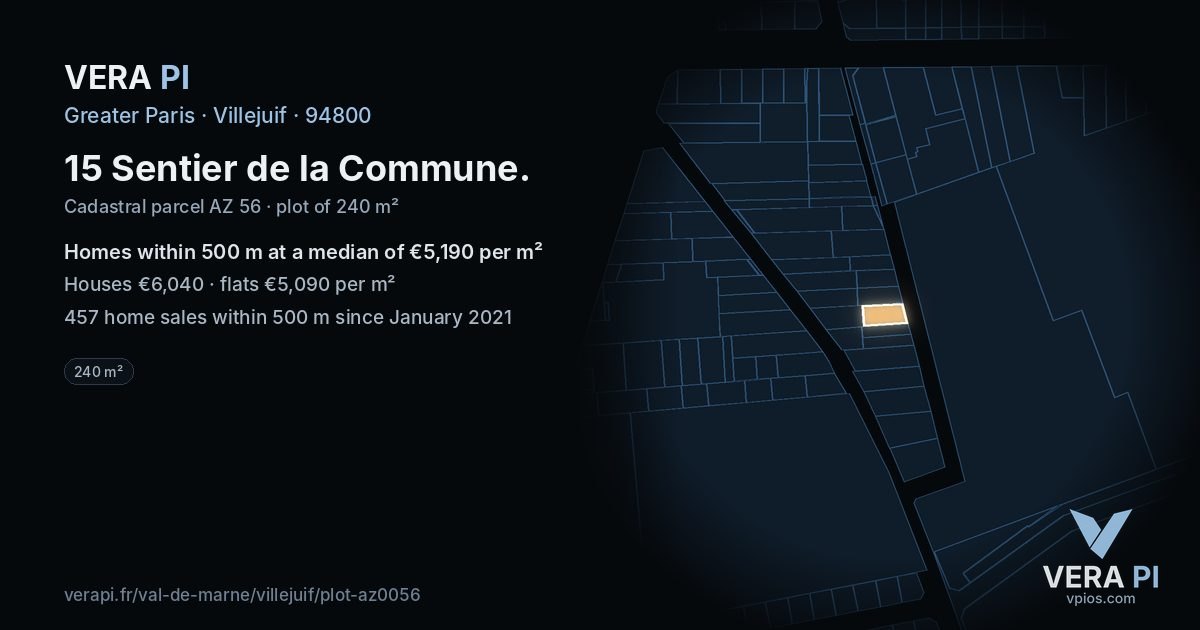 15 Sentier de la Commune, Villejuif at night – the plot lit, the parcels around coloured by the prices near them