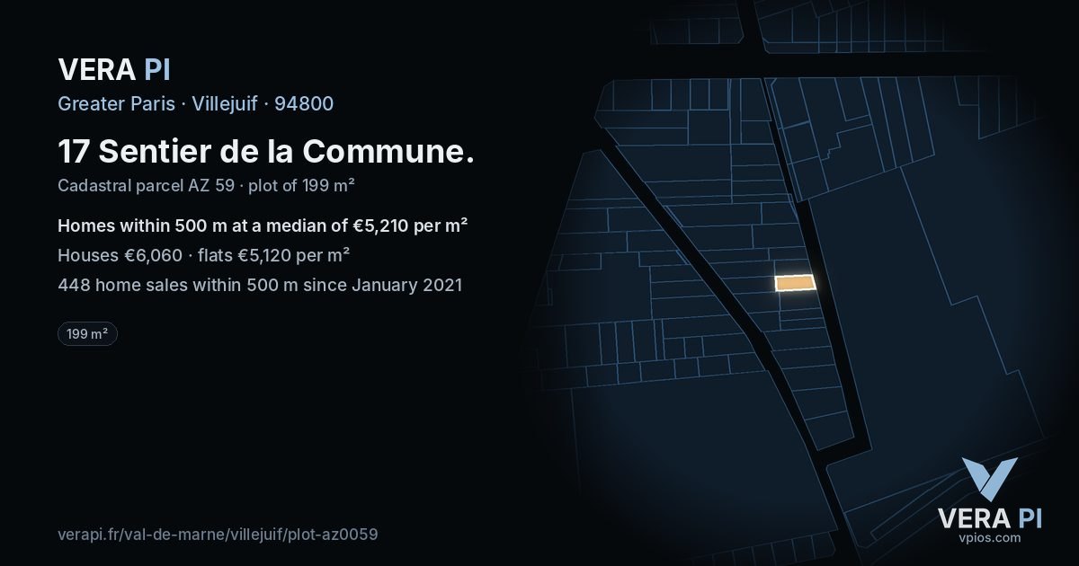 17 Sentier de la Commune, Villejuif at night – the plot lit, the parcels around coloured by the prices near them