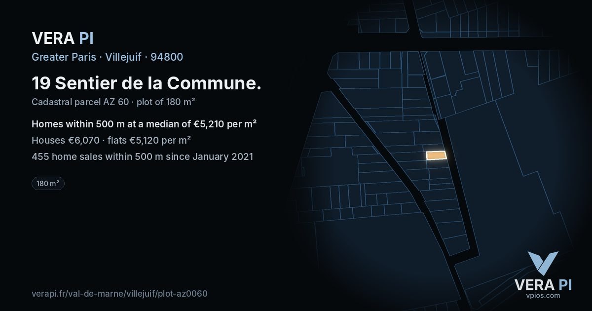 19 Sentier de la Commune, Villejuif at night – the plot lit, the parcels around coloured by the prices near them
