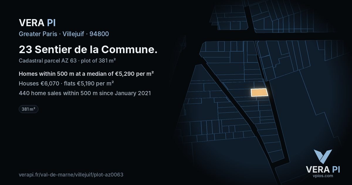 23 Sentier de la Commune, Villejuif at night – the plot lit, the parcels around coloured by the prices near them
