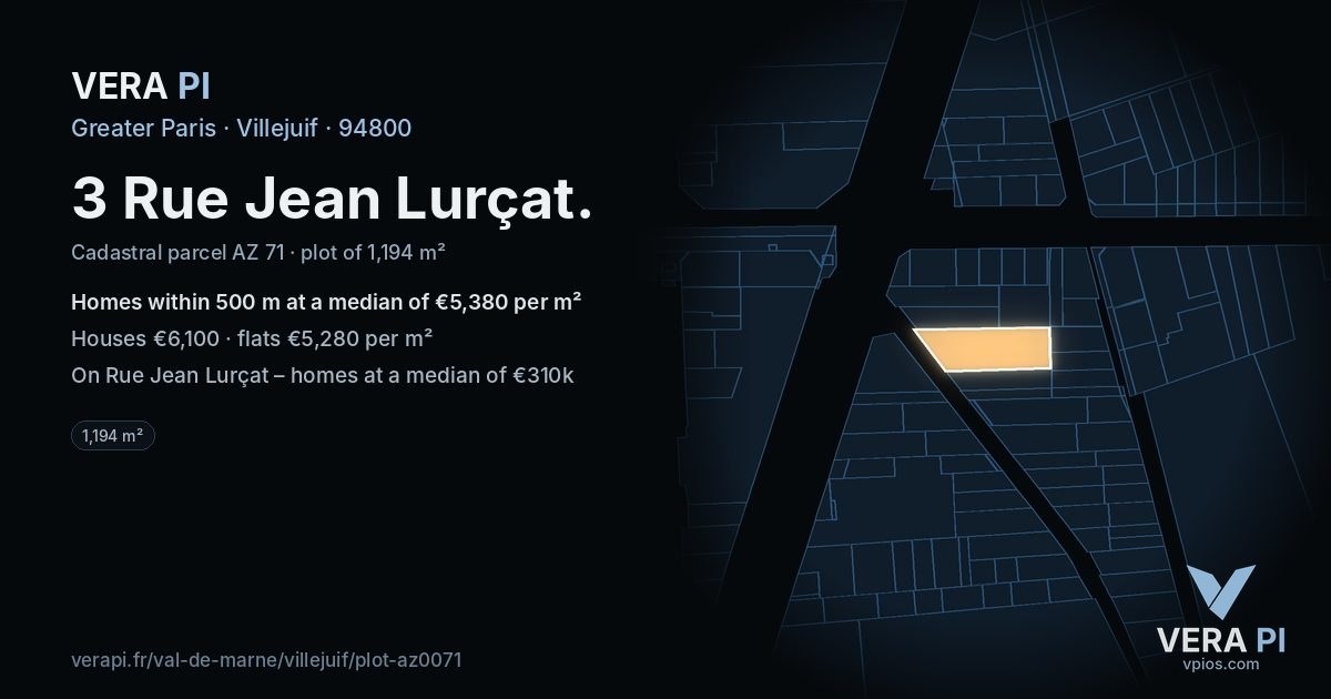 3 Rue Jean Lurçat, Villejuif at night – the plot lit, the parcels around coloured by the prices near them