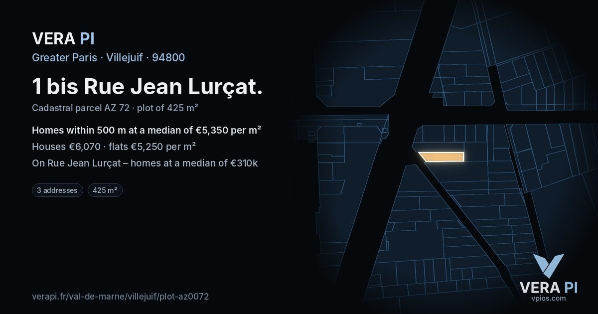 1 bis Rue Jean Lurçat, Villejuif at night – the plot lit, the parcels around coloured by the prices near them