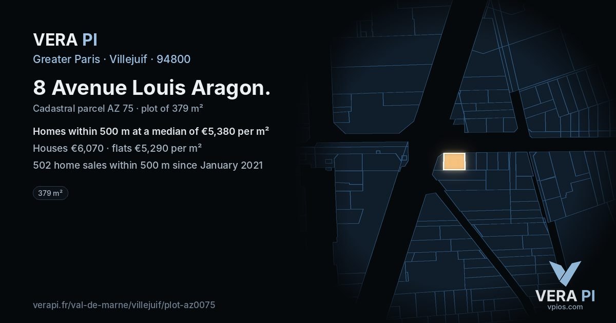 8 Avenue Louis Aragon, Villejuif at night – the plot lit, the parcels around coloured by the prices near them