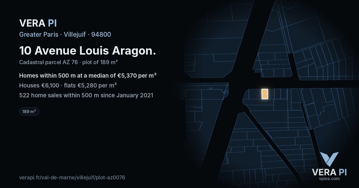 10 Avenue Louis Aragon, Villejuif at night – the plot lit, the parcels around coloured by the prices near them