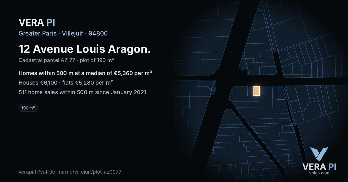 12 Avenue Louis Aragon, Villejuif at night – the plot lit, the parcels around coloured by the prices near them