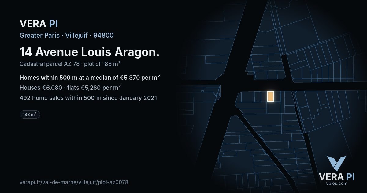 14 Avenue Louis Aragon, Villejuif at night – the plot lit, the parcels around coloured by the prices near them
