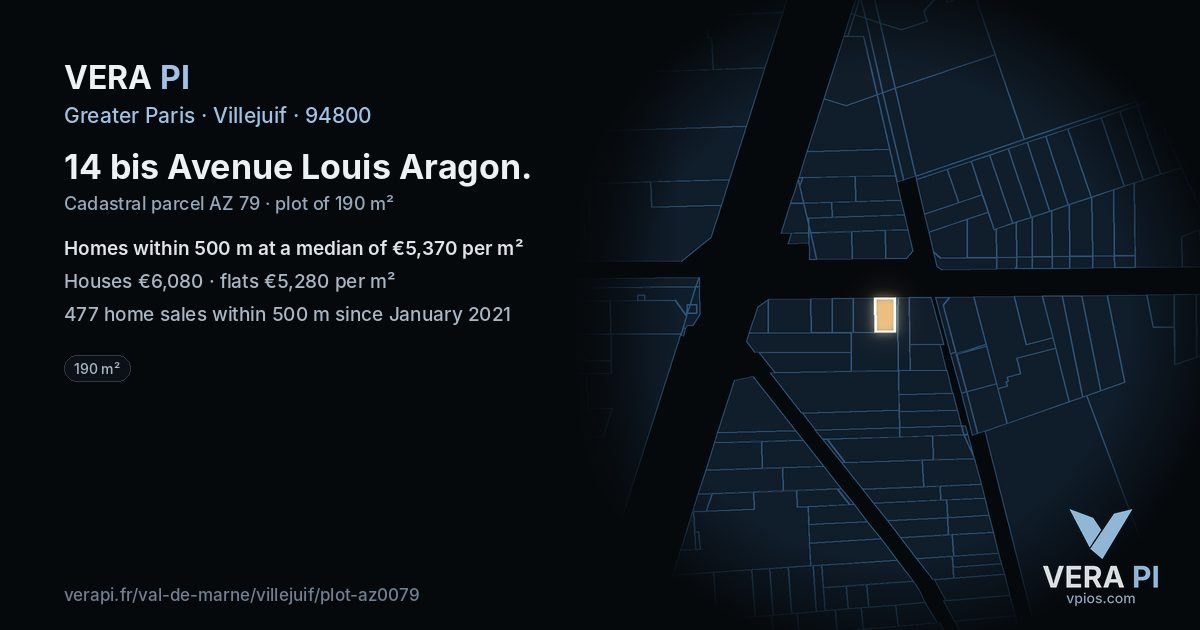 14 bis Avenue Louis Aragon, Villejuif at night – the plot lit, the parcels around coloured by the prices near them