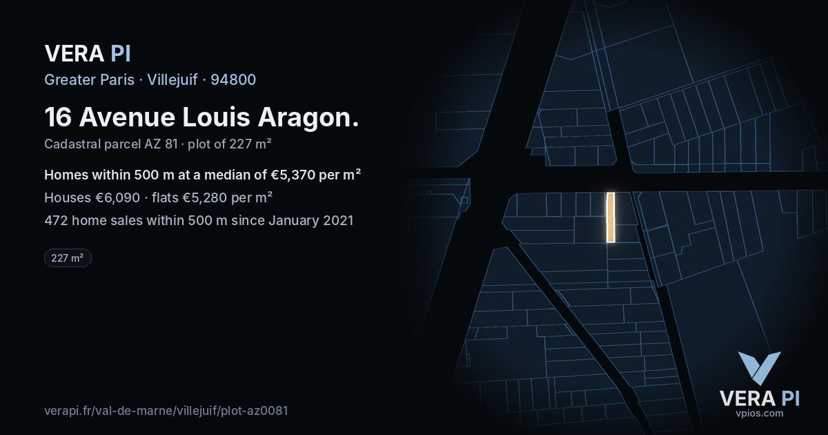 16 Avenue Louis Aragon, Villejuif at night – the plot lit, the parcels around coloured by the prices near them