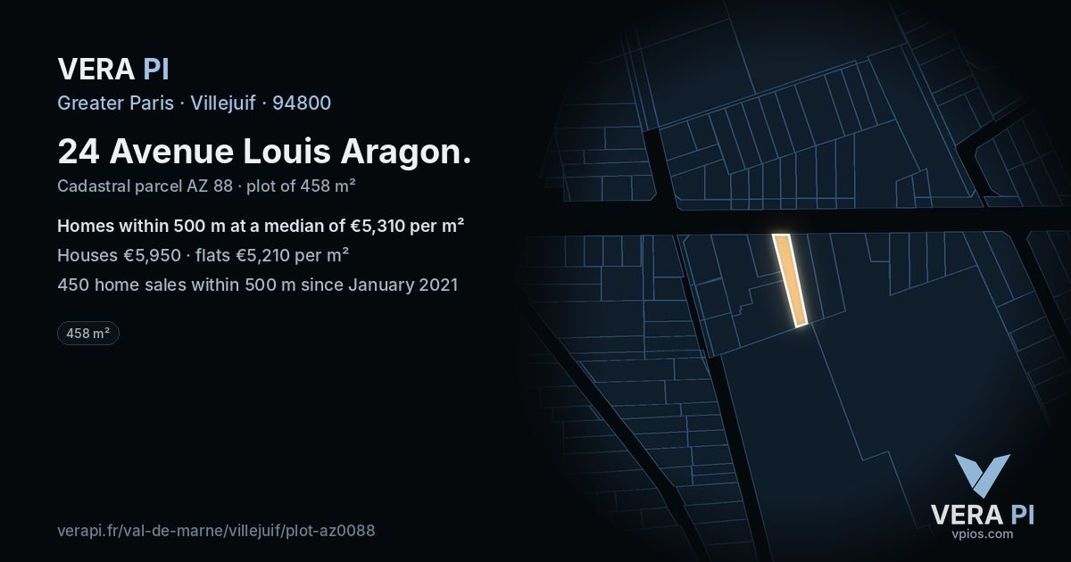 24 Avenue Louis Aragon, Villejuif at night – the plot lit, the parcels around coloured by the prices near them