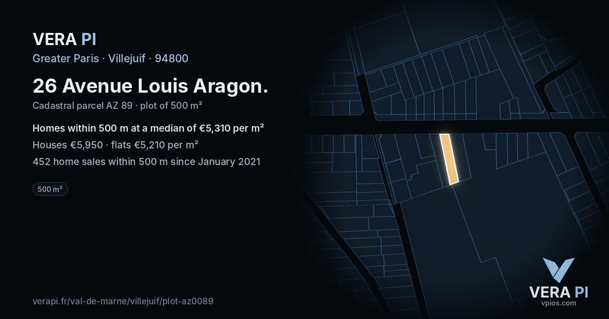 26 Avenue Louis Aragon, Villejuif at night – the plot lit, the parcels around coloured by the prices near them