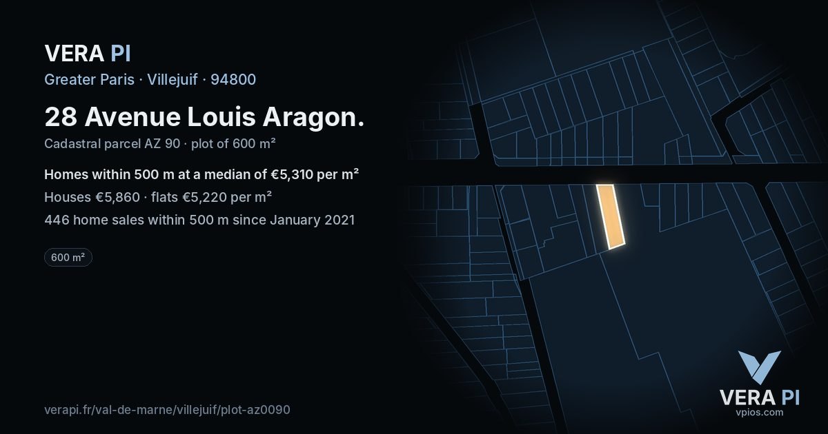 28 Avenue Louis Aragon, Villejuif at night – the plot lit, the parcels around coloured by the prices near them