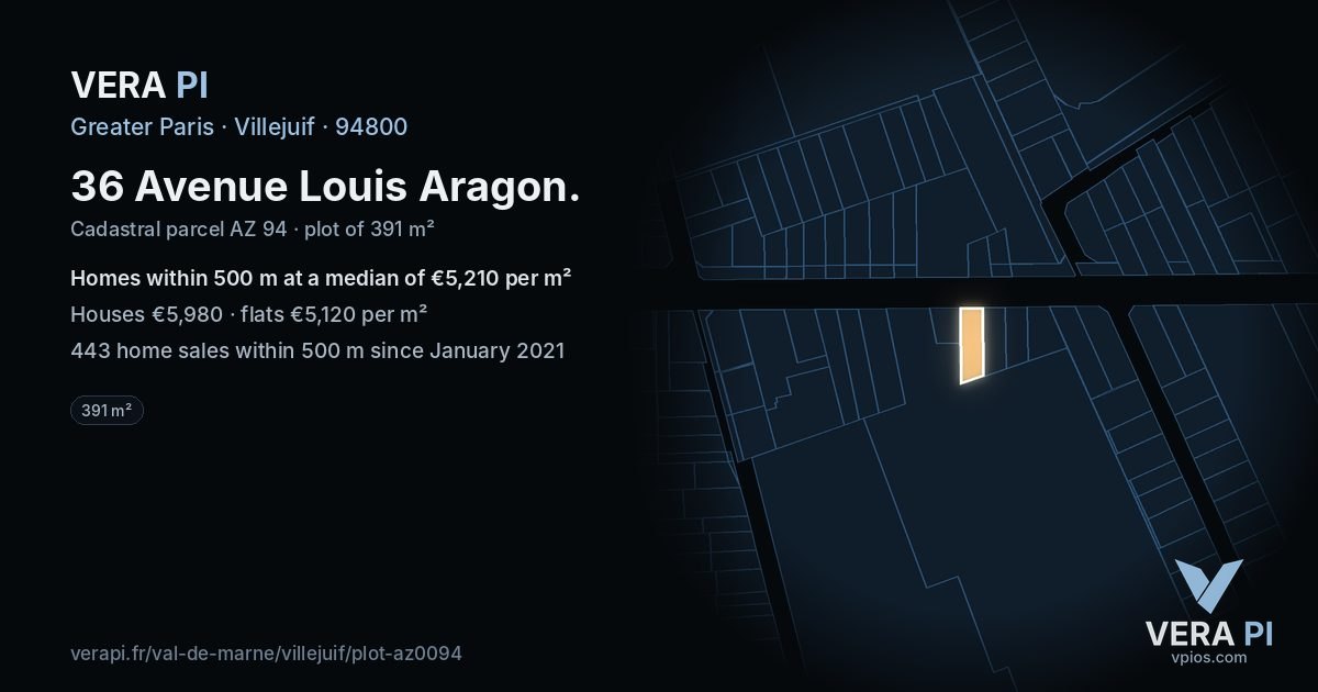 36 Avenue Louis Aragon, Villejuif at night – the plot lit, the parcels around coloured by the prices near them