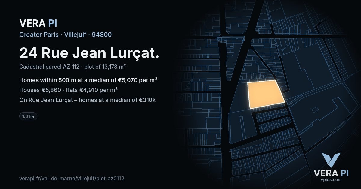24 Rue Jean Lurçat, Villejuif at night – the plot lit, the parcels around coloured by the prices near them