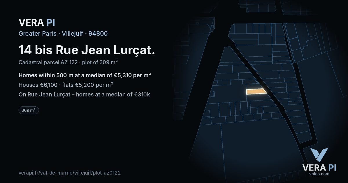 14 bis Rue Jean Lurçat, Villejuif at night – the plot lit, the parcels around coloured by the prices near them