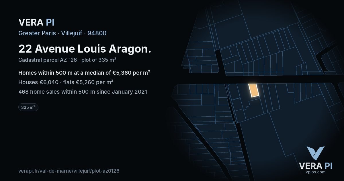 22 Avenue Louis Aragon, Villejuif at night – the plot lit, the parcels around coloured by the prices near them