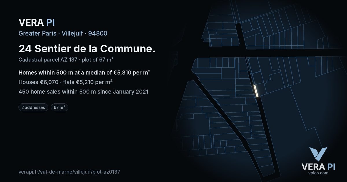 24 Sentier de la Commune, Villejuif at night – the plot lit, the parcels around coloured by the prices near them