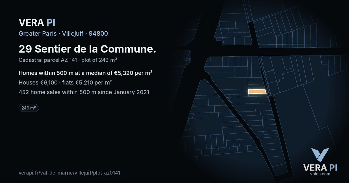 29 Sentier de la Commune, Villejuif at night – the plot lit, the parcels around coloured by the prices near them