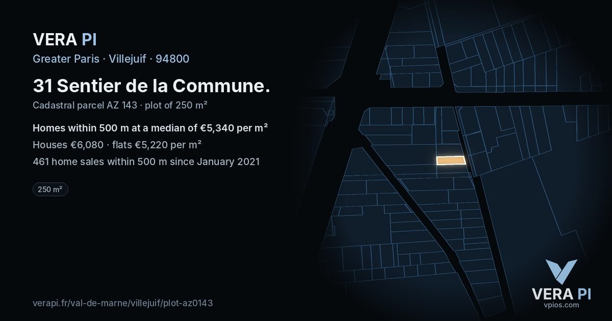 31 Sentier de la Commune, Villejuif at night – the plot lit, the parcels around coloured by the prices near them