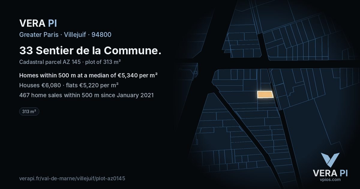 33 Sentier de la Commune, Villejuif at night – the plot lit, the parcels around coloured by the prices near them