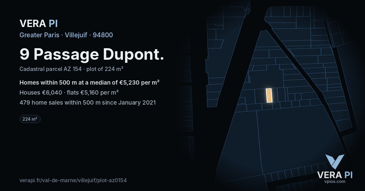 9 Passage Dupont, Villejuif at night – the plot lit, the parcels around coloured by the prices near them
