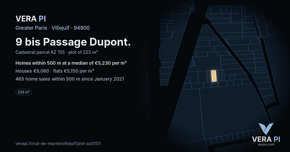 9 bis Passage Dupont, Villejuif at night – the plot lit, the parcels around coloured by the prices near them