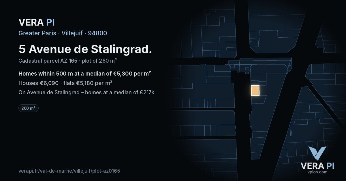 5 Avenue de Stalingrad, Villejuif at night – the plot lit, the parcels around coloured by the prices near them