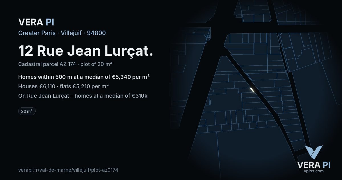 12 Rue Jean Lurçat, Villejuif at night – the plot lit, the parcels around coloured by the prices near them